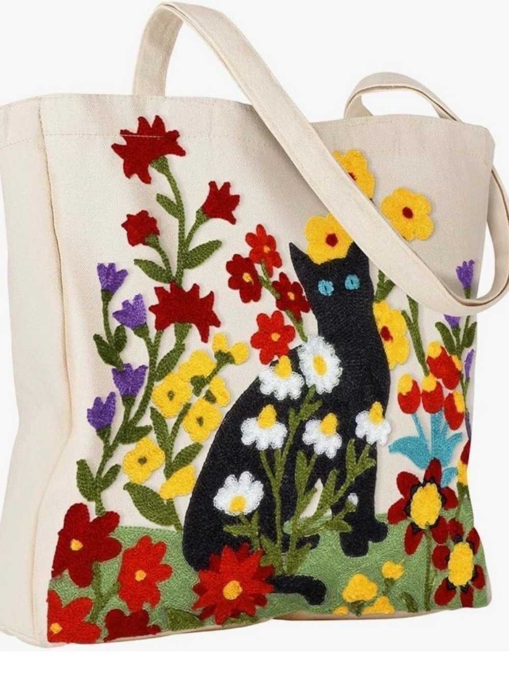 NEW Aesthetic Cat and Flowers Embroidery Tote Bag
